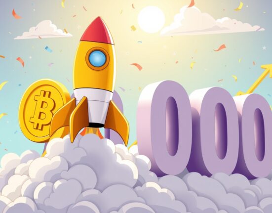 A vibrant cartoon of the BTC price rocketing past the monumental $90,000 milestone.