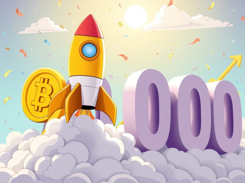 A vibrant cartoon of the BTC price rocketing past the monumental $90,000 milestone.