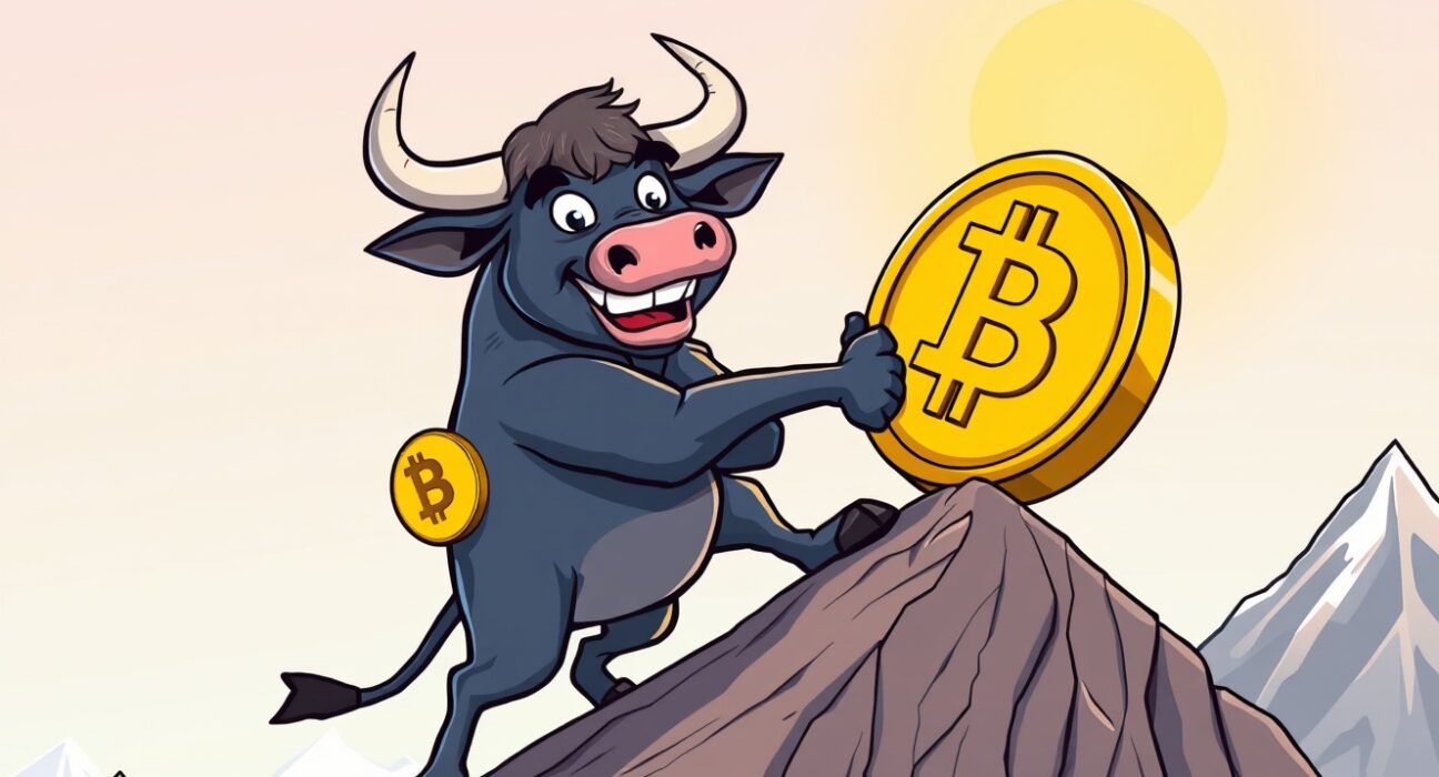 A triumphant cartoon bull pushing the BTC price up a mountain, symbolizing Bitcoin's strong rally.