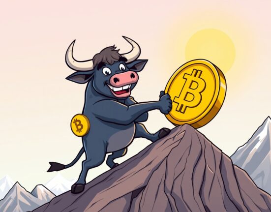 A triumphant cartoon bull pushing the BTC price up a mountain, symbolizing Bitcoin's strong rally.