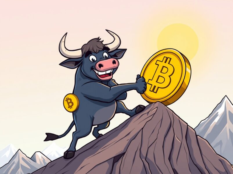 A triumphant cartoon bull pushing the BTC price up a mountain, symbolizing Bitcoin's strong rally.