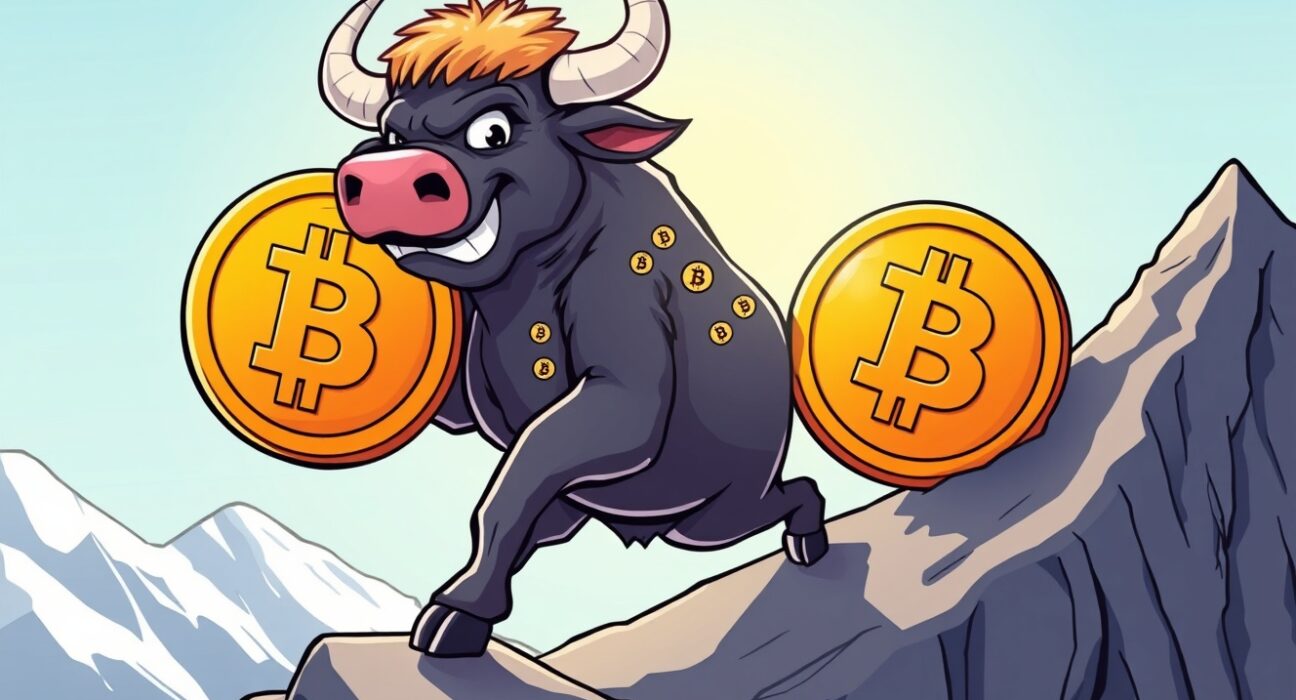 A powerful cartoon bull pushing the BTC price up a mountain, symbolizing strong bullish momentum.
