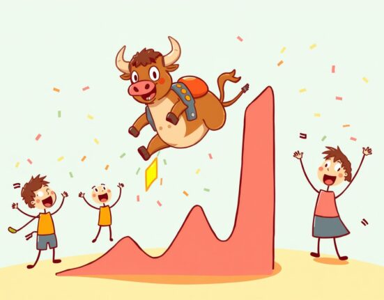 A vibrant cartoon bull celebrating a sharp rise in the BTC price on a rocket-powered chart.