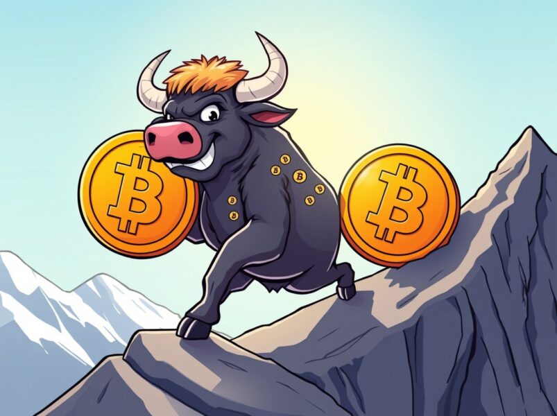A vibrant cartoon bull celebrating a sharp rise in the BTC price on a rocket-powered chart.