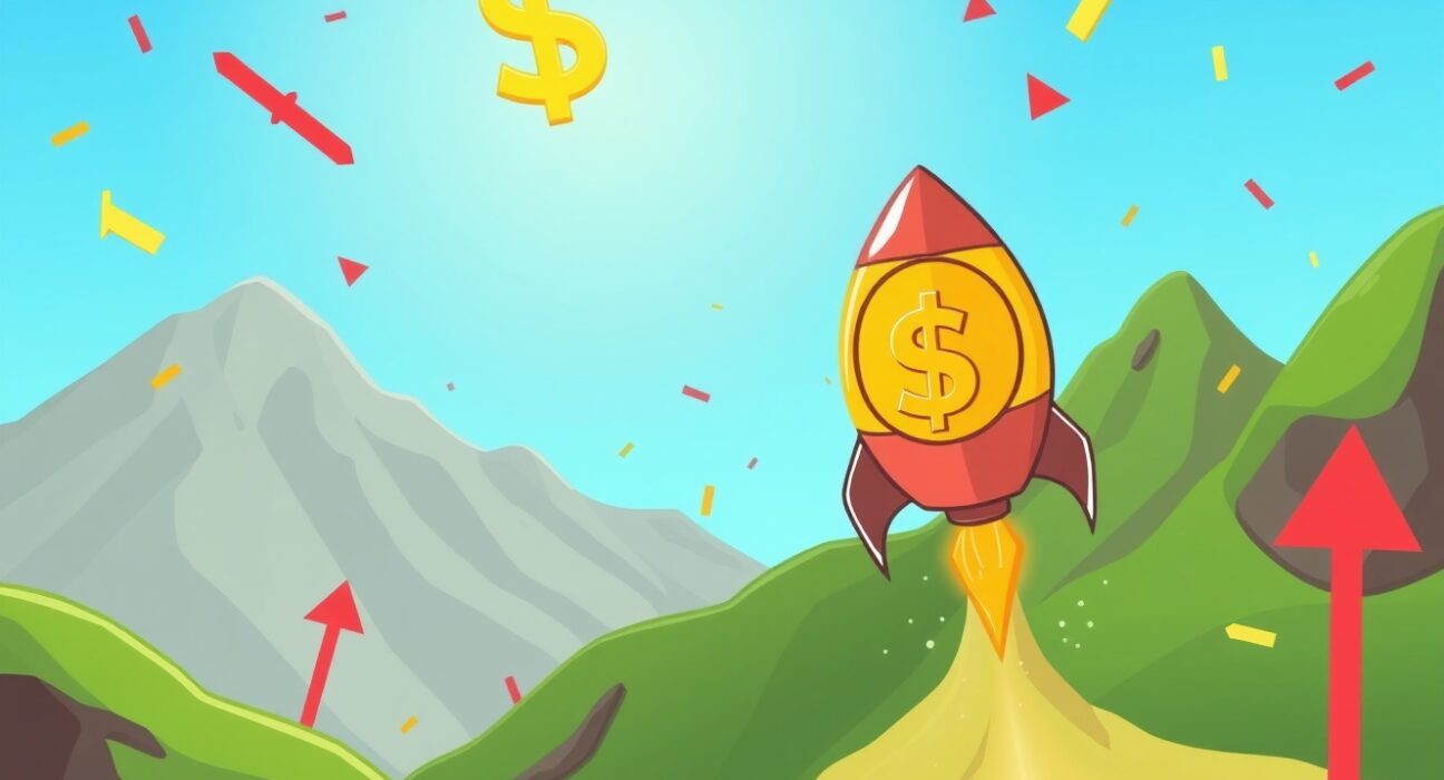 A vibrant cartoon of the BTC price rocketing upward as a coin-shaped rocket, symbolizing a major market surge.