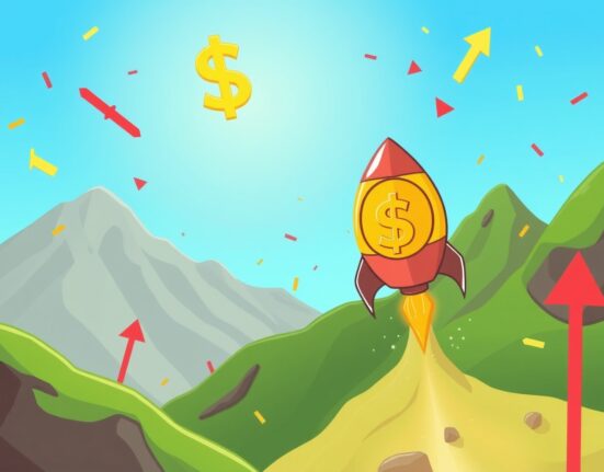 A vibrant cartoon of the BTC price rocketing upward as a coin-shaped rocket, symbolizing a major market surge.