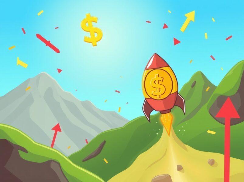 A vibrant cartoon of the BTC price rocketing upward as a coin-shaped rocket, symbolizing a major market surge.