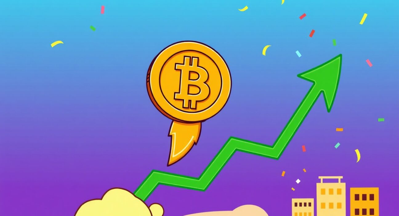 A cartoon Bitcoin coin celebrating as the BTC price rockets upward on a chart.
