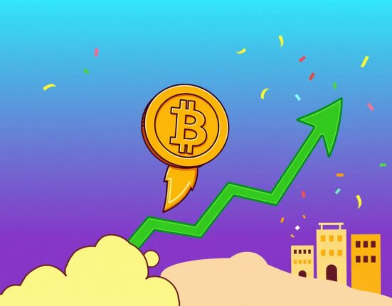 A cartoon Bitcoin coin celebrating as the BTC price rockets upward on a chart.