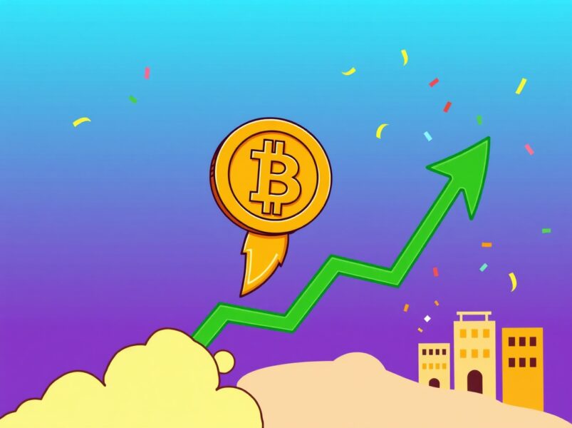 A cartoon Bitcoin coin celebrating as the BTC price rockets upward on a chart.