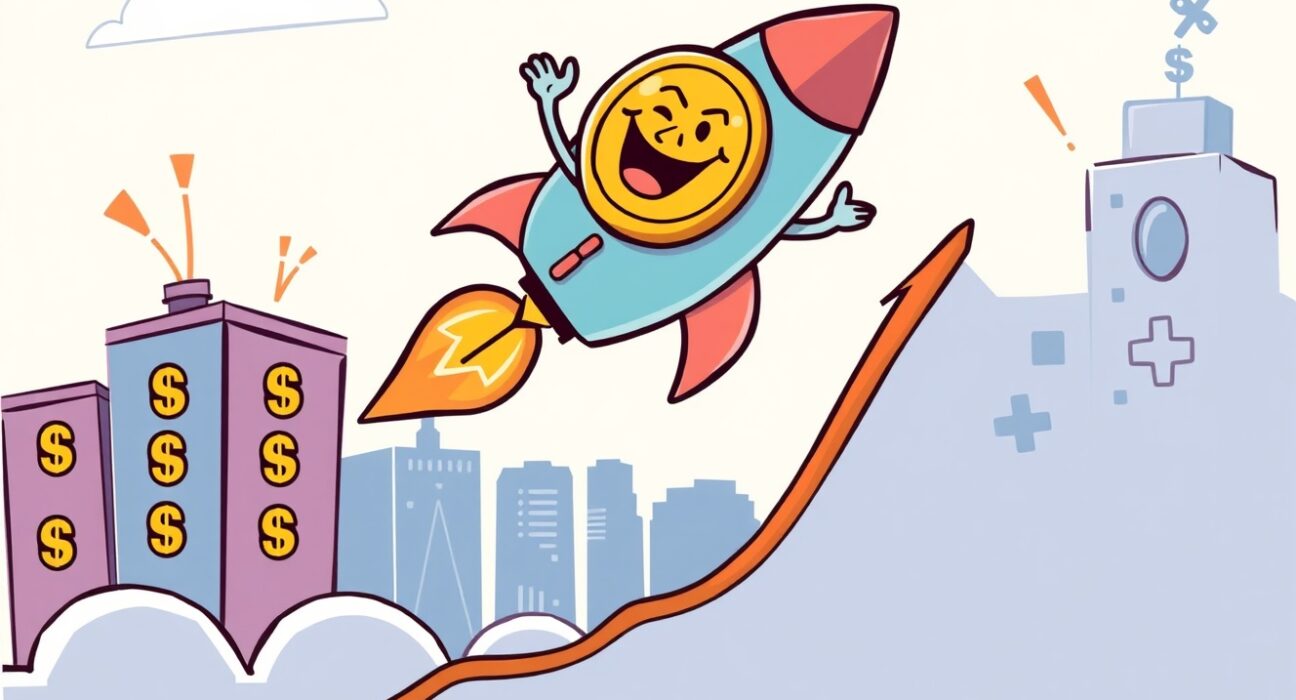 A cartoon Bitcoin rocket celebrating as the BTC price surges past $85,000 on an upward graph.