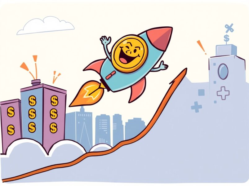 A cartoon Bitcoin rocket celebrating as the BTC price surges past $85,000 on an upward graph.