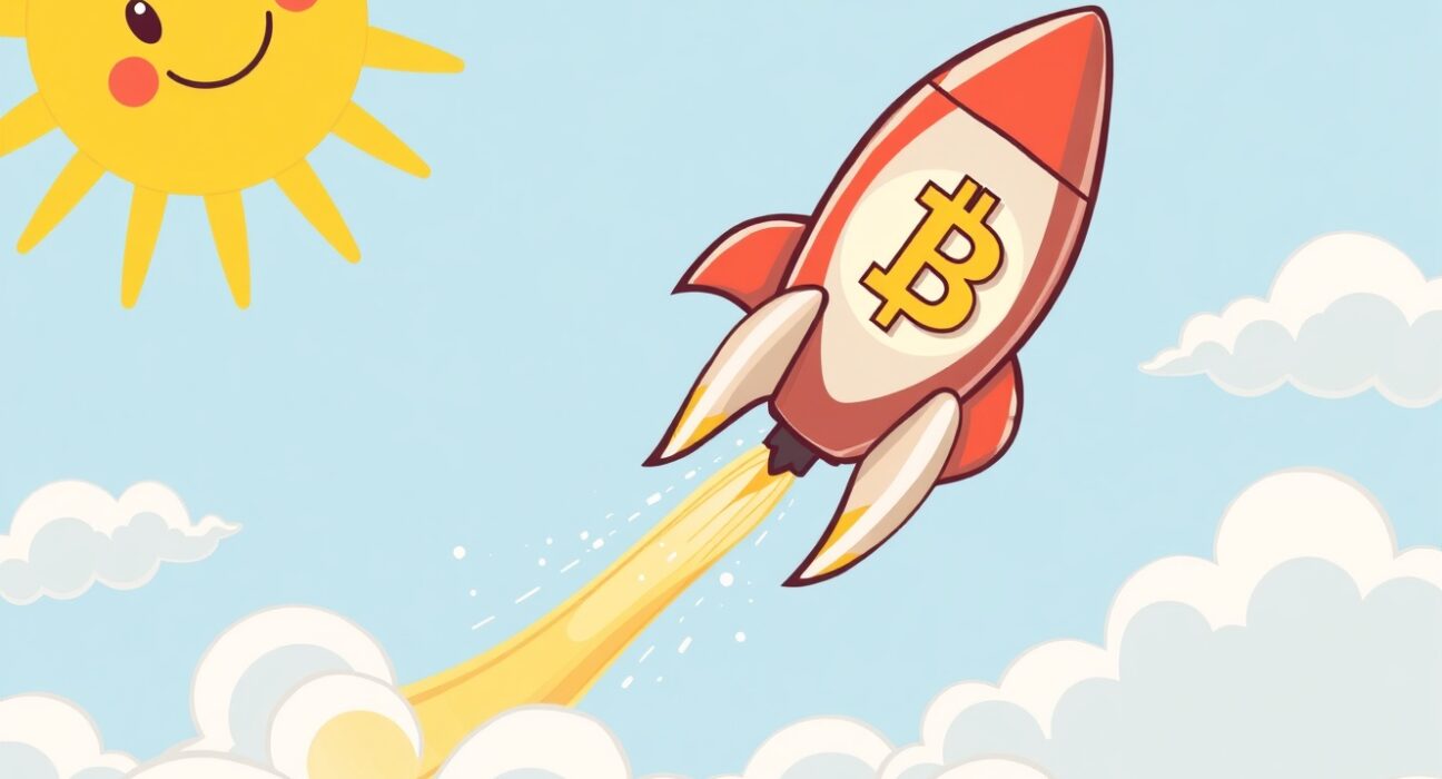 A cartoon rocket symbolizing the surging BTC price breaking through the $86,000 barrier.