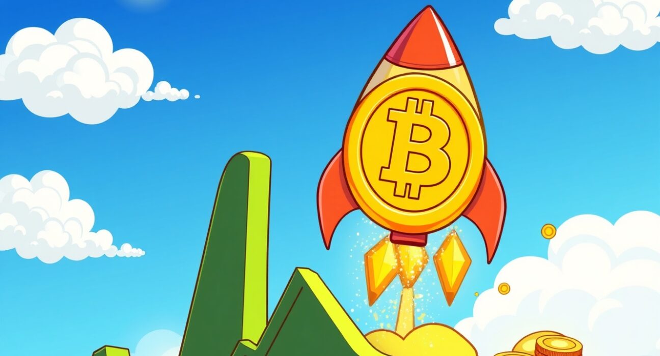 A cartoon rocket coin symbolizing the surging BTC price blasting off from a graph launchpad.