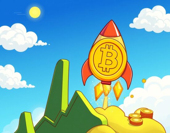 A cartoon rocket coin symbolizing the surging BTC price blasting off from a graph launchpad.