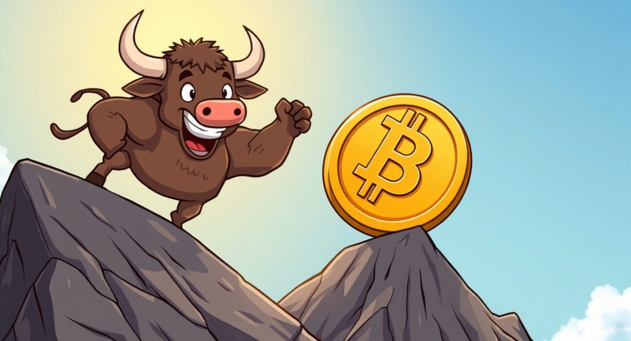 A triumphant cartoon bull pushing the BTC price up a mountain past the $90,000 milestone.