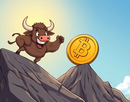 A triumphant cartoon bull pushing the BTC price up a mountain past the $90,000 milestone.