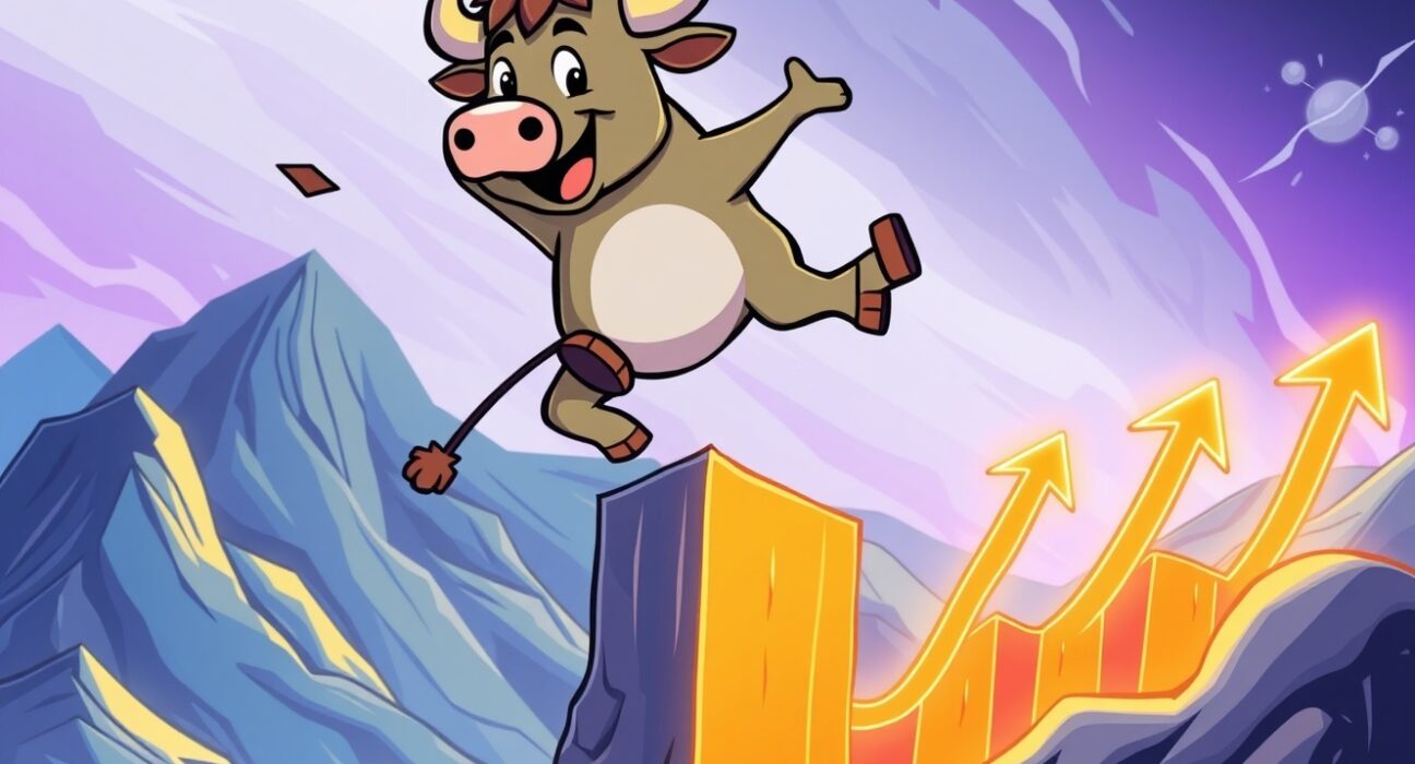 A cartoon bull leaping over a chart, symbolizing the powerful surge in the BTC price.