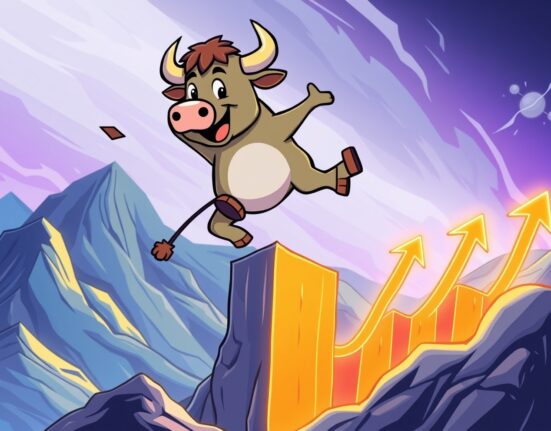 A cartoon bull leaping over a chart, symbolizing the powerful surge in the BTC price.