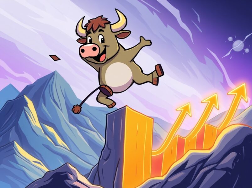 A cartoon bull leaping over a chart, symbolizing the powerful surge in the BTC price.