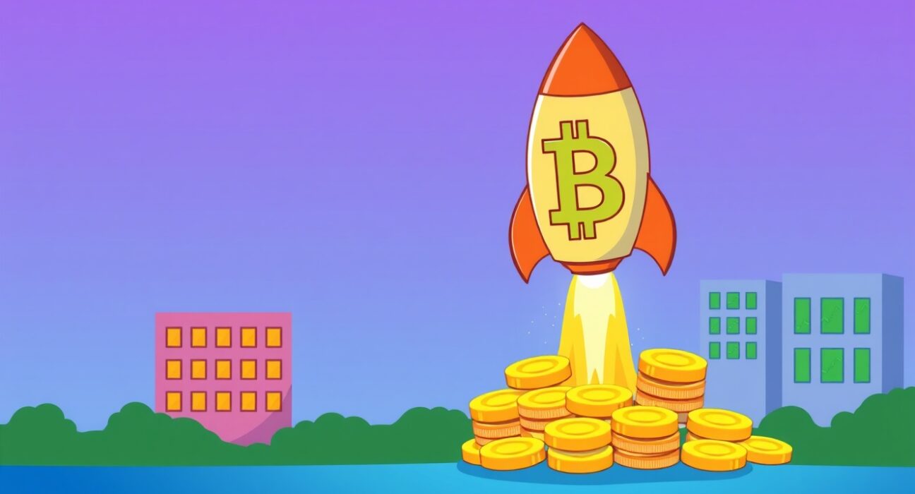 A cartoon Bitcoin rocket soaring past the $93,000 BTC price milestone.