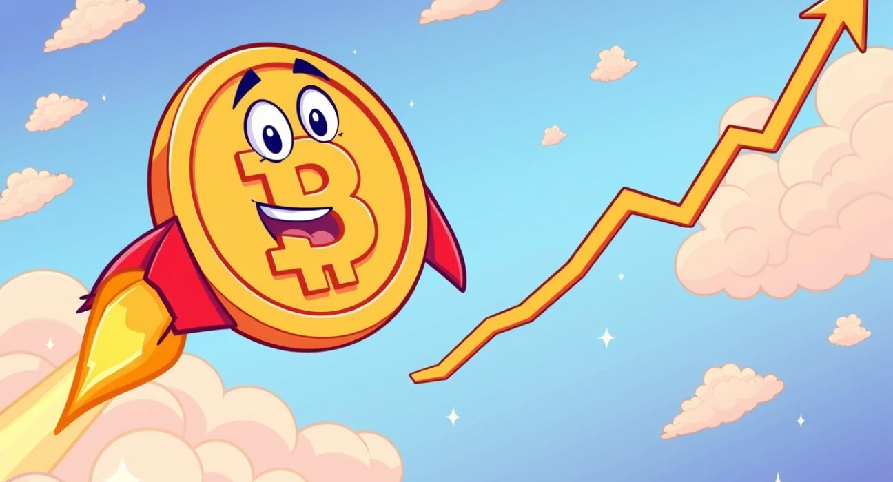 A cartoon Bitcoin rocket soaring skyward, symbolizing the stunning surge as BTC rises above $87,000.