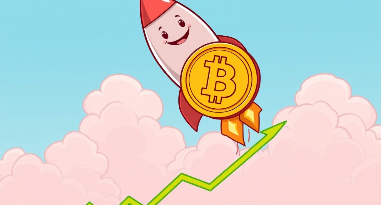 A cartoon Bitcoin coin rocketing upwards as BTC rises above $91,000.