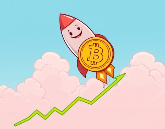 A cartoon Bitcoin coin rocketing upwards as BTC rises above $91,000.