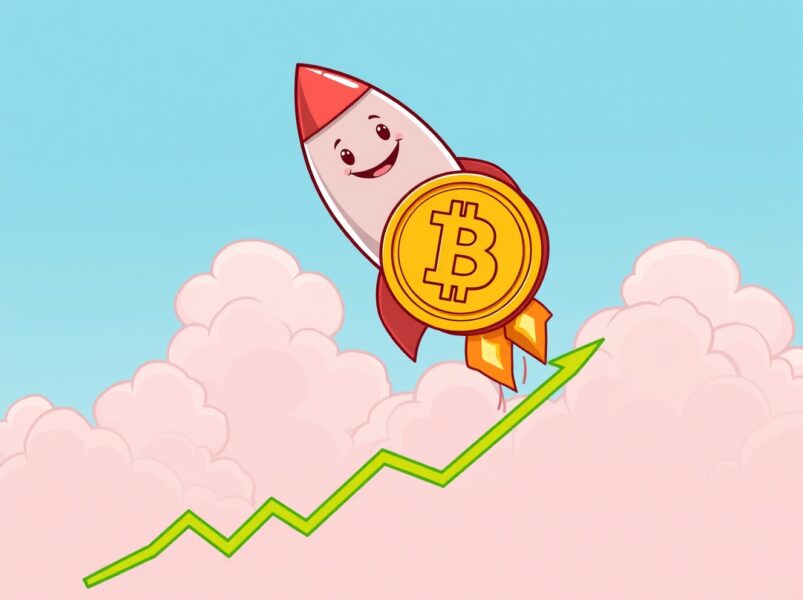 A cartoon Bitcoin coin rocketing upwards as BTC rises above $91,000.