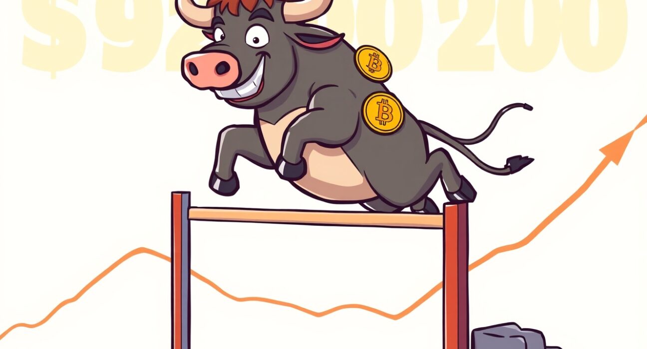 A bullish cartoon illustration symbolizing Bitcoin's powerful rise above $92,000.