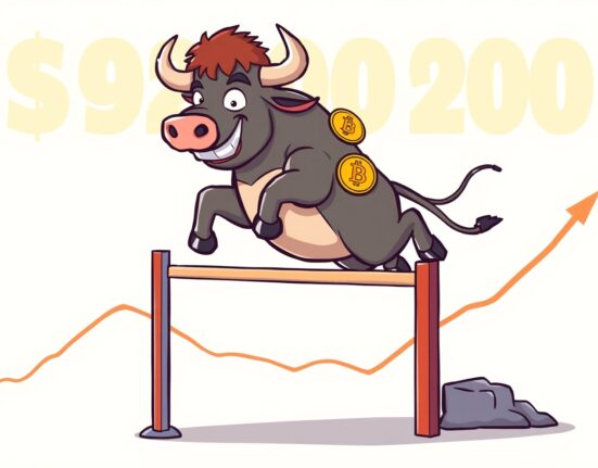 A bullish cartoon illustration symbolizing Bitcoin's powerful rise above $92,000.