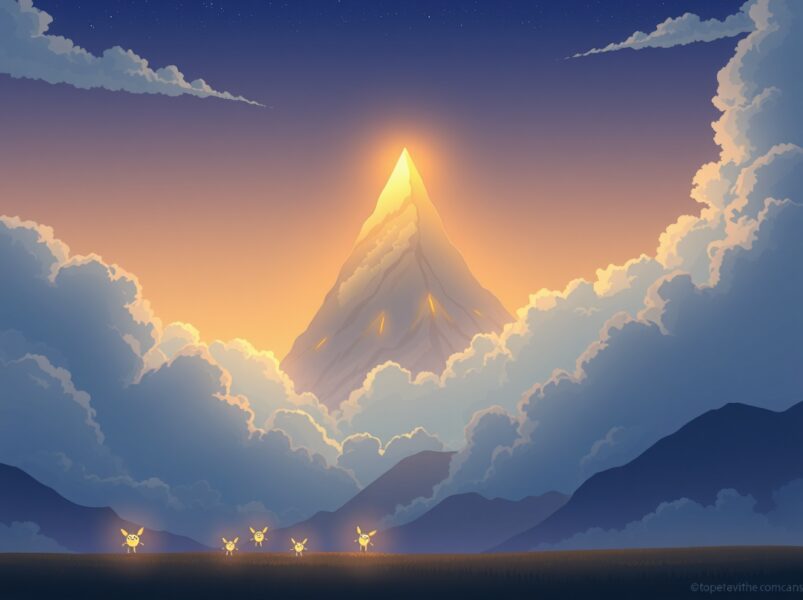 Bitcoin's triumphant price rally visualized as a digital mountain peak in a serene landscape.