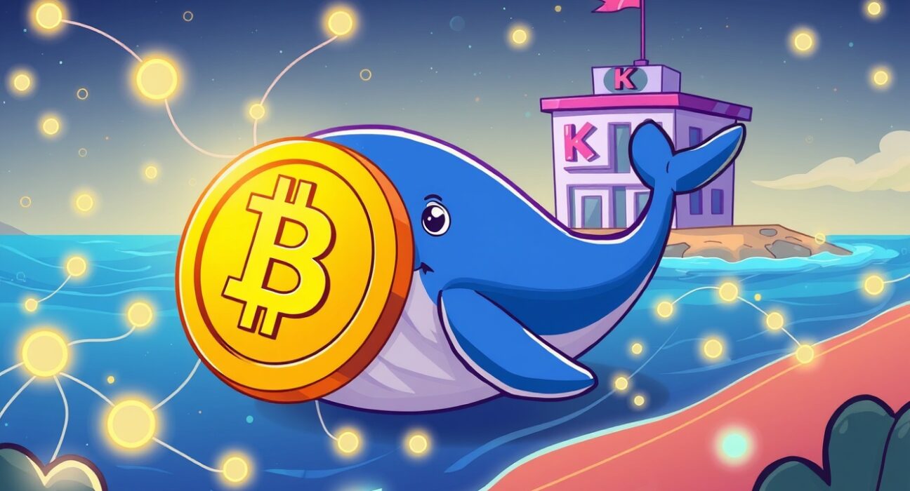 A cartoon whale making a massive BTC transfer to a cryptocurrency exchange, symbolizing a major market movement.