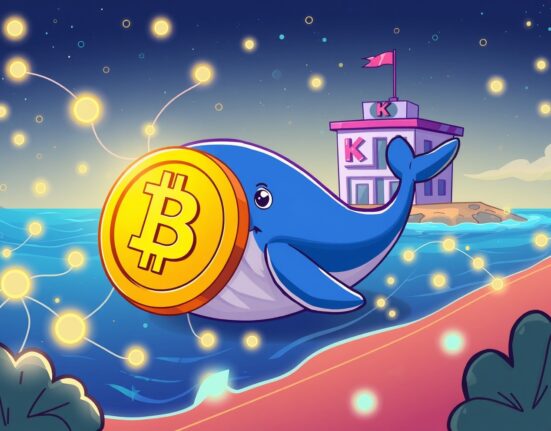 A cartoon whale making a massive BTC transfer to a cryptocurrency exchange, symbolizing a major market movement.