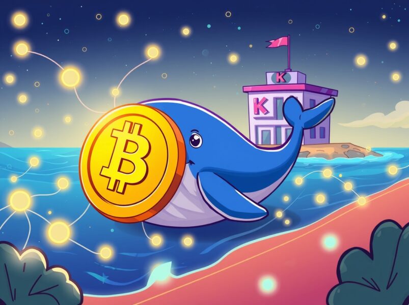 A cartoon whale making a massive BTC transfer to a cryptocurrency exchange, symbolizing a major market movement.