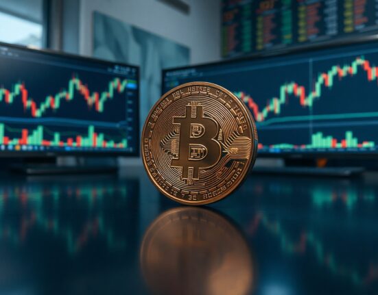 Bitcoin coin in foreground with trading charts on screens in background
