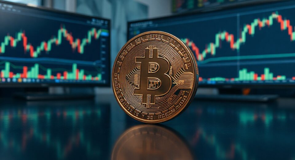 Bitcoin coin in foreground with trading charts on screens in background