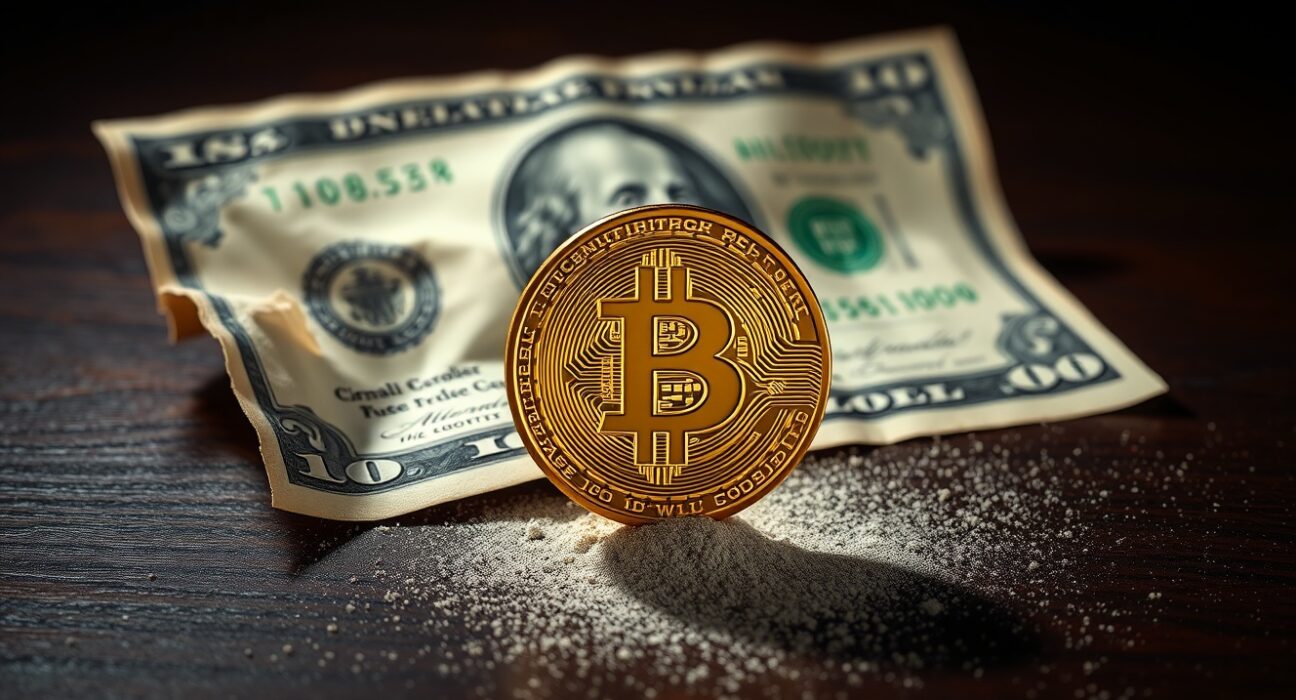 Bitcoin coin standing upright next to a crumbling U.S. dollar bill on a dark desk, symbolizing the erosion of fiat trust.