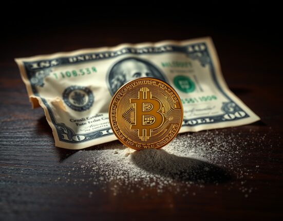 Bitcoin coin standing upright next to a crumbling U.S. dollar bill on a dark desk, symbolizing the erosion of fiat trust.