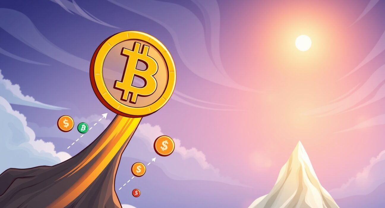 A cartoon illustration of Bitcoin in its final parabolic ascent, symbolizing the current Bitcoin bull cycle nearing its peak.