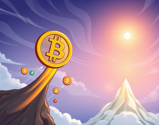 A cartoon illustration of Bitcoin in its final parabolic ascent, symbolizing the current Bitcoin bull cycle nearing its peak.