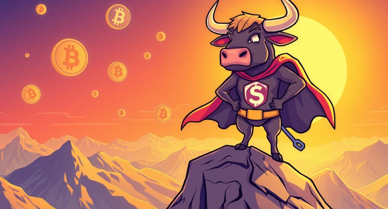 Bitcoin bull market superhero bull overlooking cryptocurrency landscape with golden sunrise