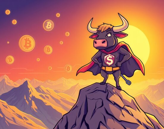 Bitcoin bull market superhero bull overlooking cryptocurrency landscape with golden sunrise