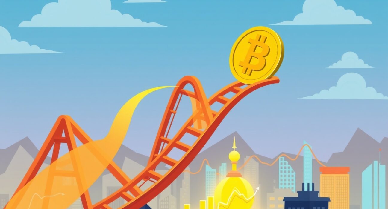 A cartoon illustration showing the Bitcoin bull market in its critical final stage, with futures activity driving prices.