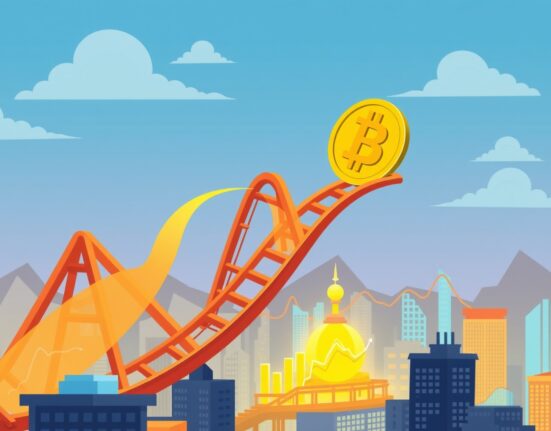 A cartoon illustration showing the Bitcoin bull market in its critical final stage, with futures activity driving prices.