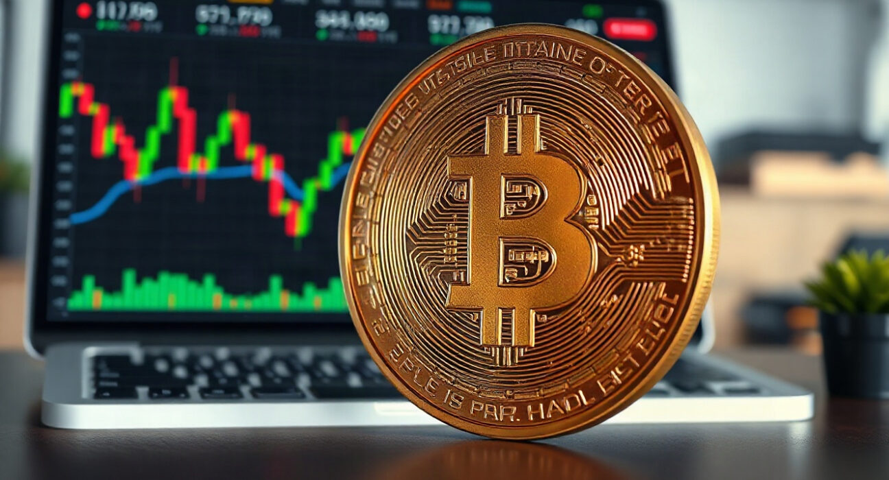 Bitcoin coin in foreground with trading charts in background, symbolizing market analysis