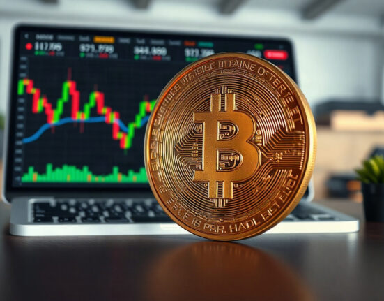 Bitcoin coin in foreground with trading charts in background, symbolizing market analysis
