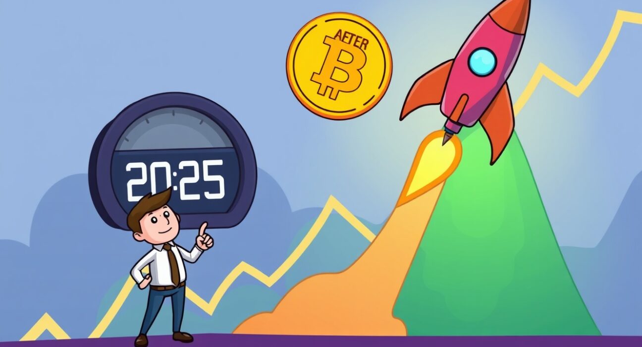 A cartoon rocket, representing Bitcoin, ascending towards a predicted peak, symbolizing the ongoing Bitcoin bull market and PlanB's optimistic forecast.