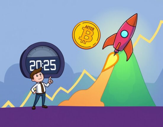 A cartoon rocket, representing Bitcoin, ascending towards a predicted peak, symbolizing the ongoing Bitcoin bull market and PlanB's optimistic forecast.