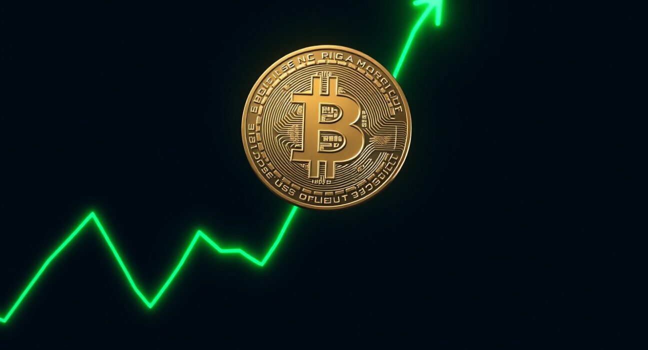 Bitcoin coin above a rising graph, symbolizing Grayscale's early bull market signal for BTC.